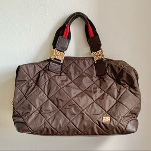 NWOT brown quilted nylon satchel bag gold hardware